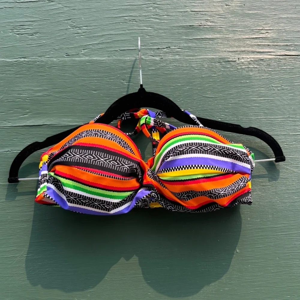 Colorful Stripe Tribal Print Push Up Halter Bikini Set Neon Multi Medium